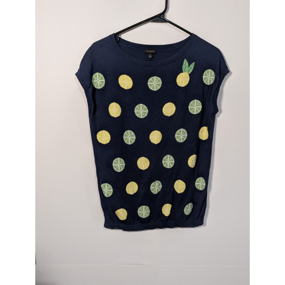 Talbots Sweater Vest Navy Blue Lemon Print Shirt Size Small Grannycore Preppy